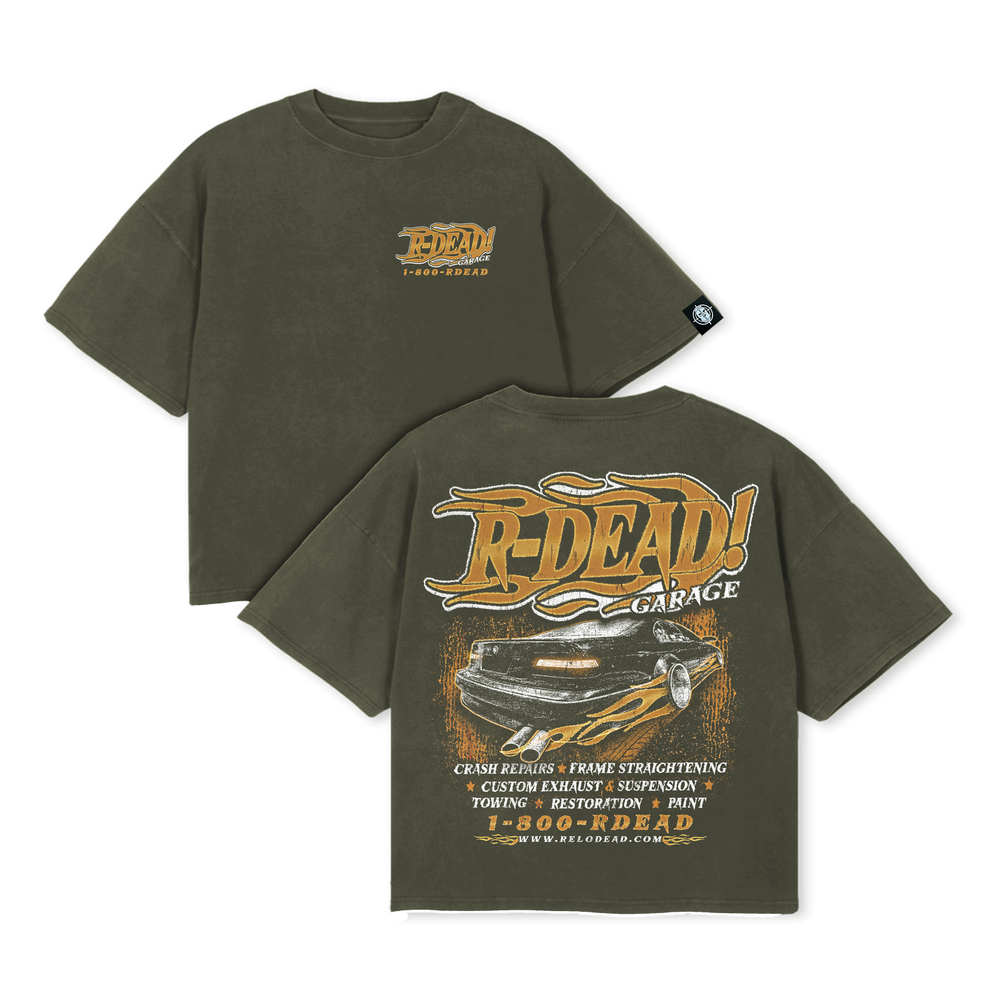 "R-DEAD GARAGE" OLIVE VINTAGE OVERSIZED T-SHIRT