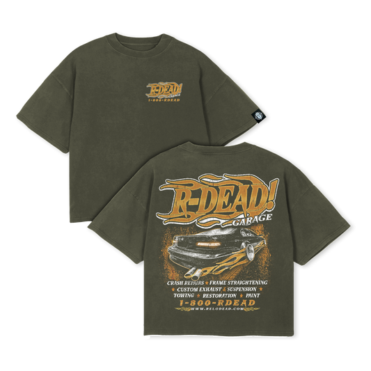 "R-DEAD GARAGE" OLIVE VINTAGE OVERSIZED T-SHIRT