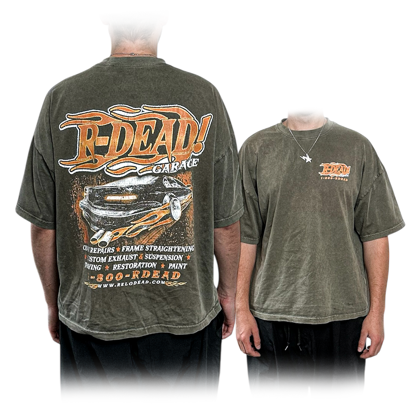 "R-DEAD GARAGE" OLIVE VINTAGE OVERSIZED T-SHIRT